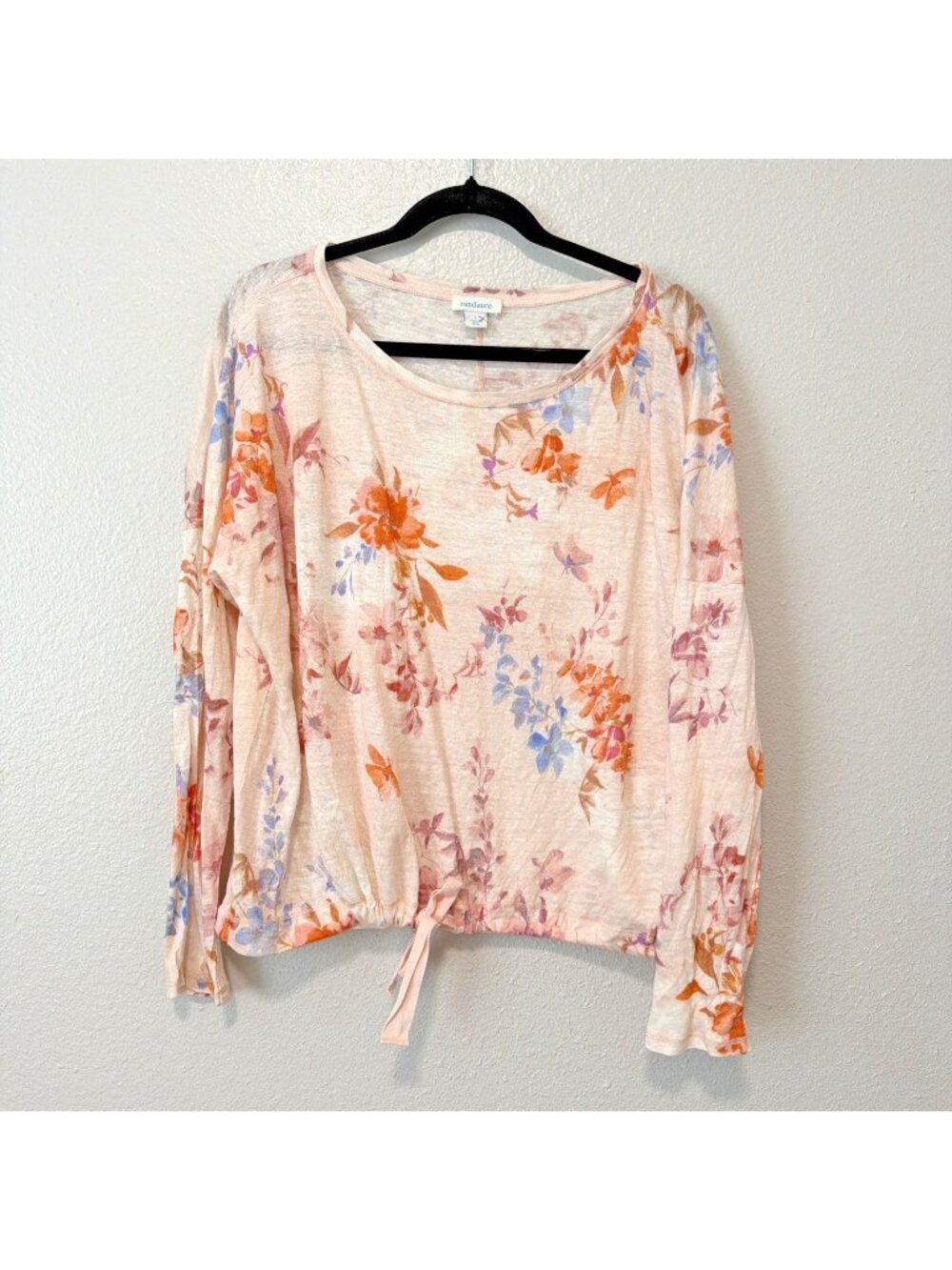 Sundance Womens L 100% Linen Floral Top Pink Boho Long Sleeve Drawstring Hem EUC